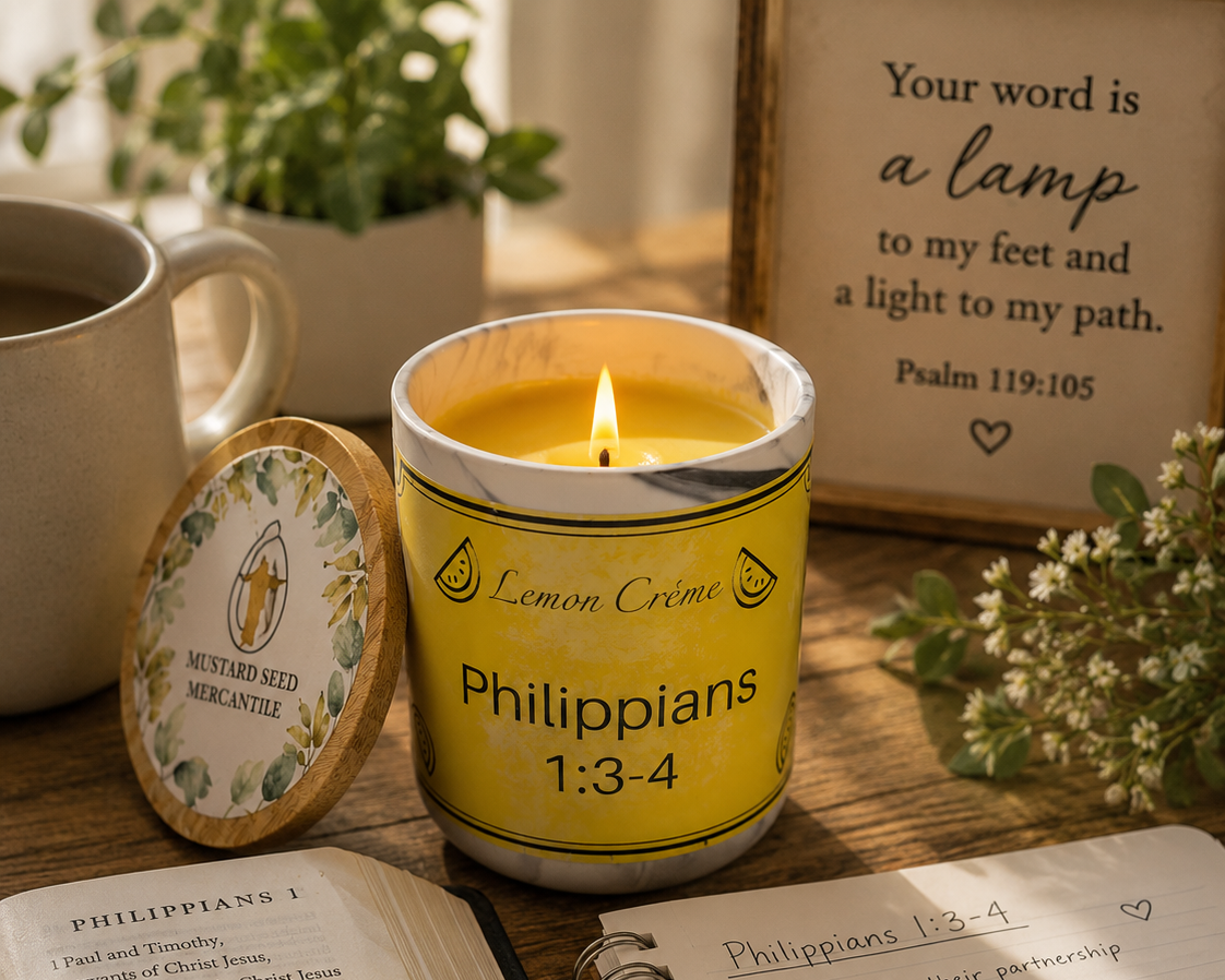A yellow candle in a white jar labeled 'Lemon Cream' and 'Philippians 1:3-4' sits on a wooden surface next to an open Bible, a notebook, a mug, and a small round decorative piece. A larger Bible is blurred in the background.
