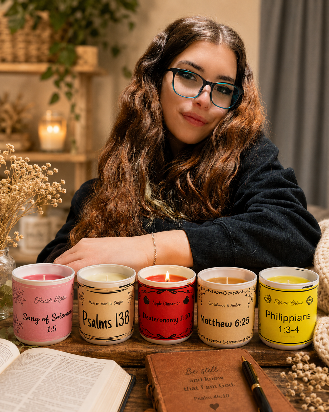 A woman with long wavy brown hair and glasses sits behind a row of five decorative candles labeled with Bible verses, in a cozy indoor setting with a book and pen on a wooden table.